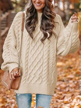 Oversized Autumn Winter Womens Cable Knit Chunky Pullover Sweater Rib Trim